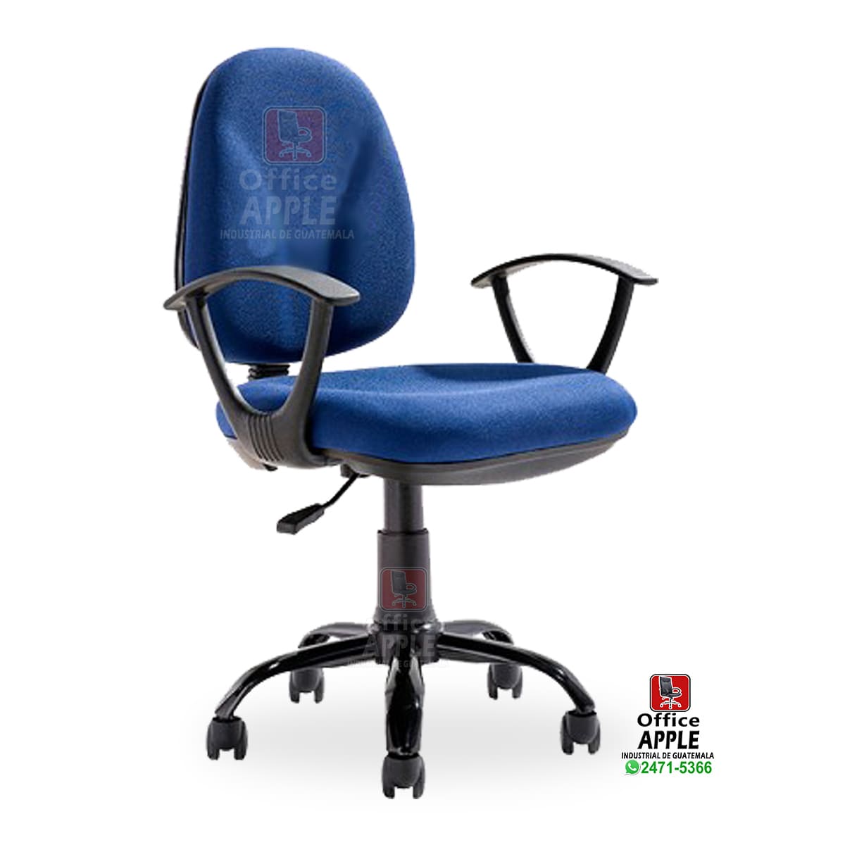 silla de oficina con respaldo azul con brazos, base de araña con rodos